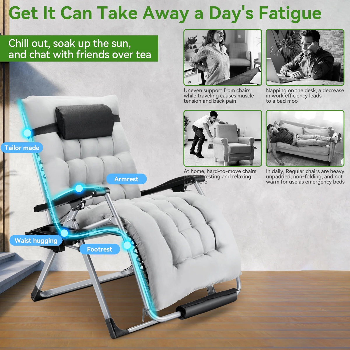VECUKTY XXL Zero Gravity Chair, 500lb Capacity, 33-Inch Wide Padded Seat