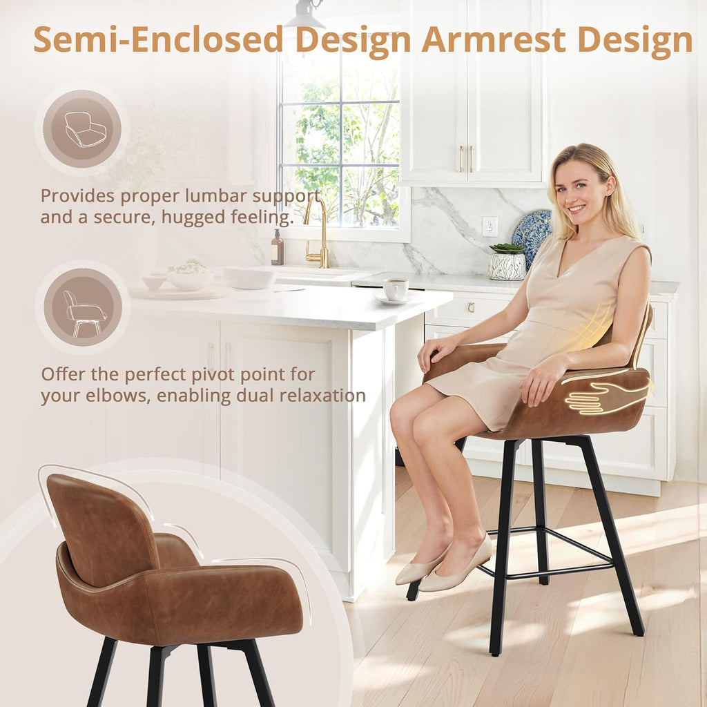LUE BONA Counter Height Swivel Bar Stools With Backrest And Arms, 26 in, Set Of 6, Brown