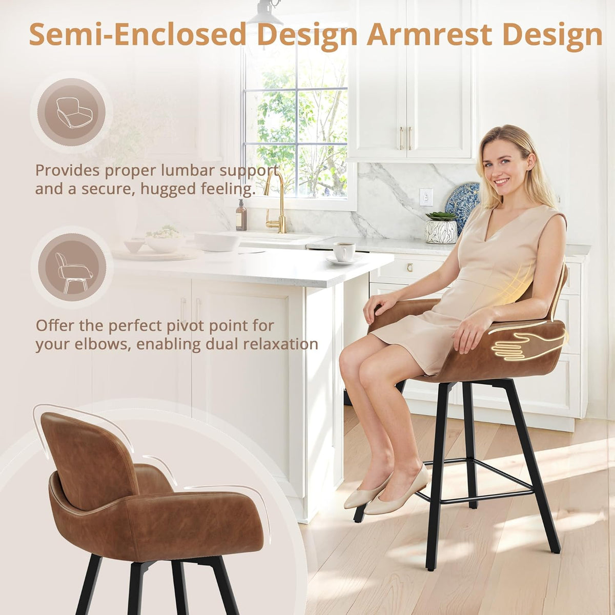 LUE BONA Counter Height Swivel Bar Stools With Backrest And Arms, 26 in, Set Of 6, Brown