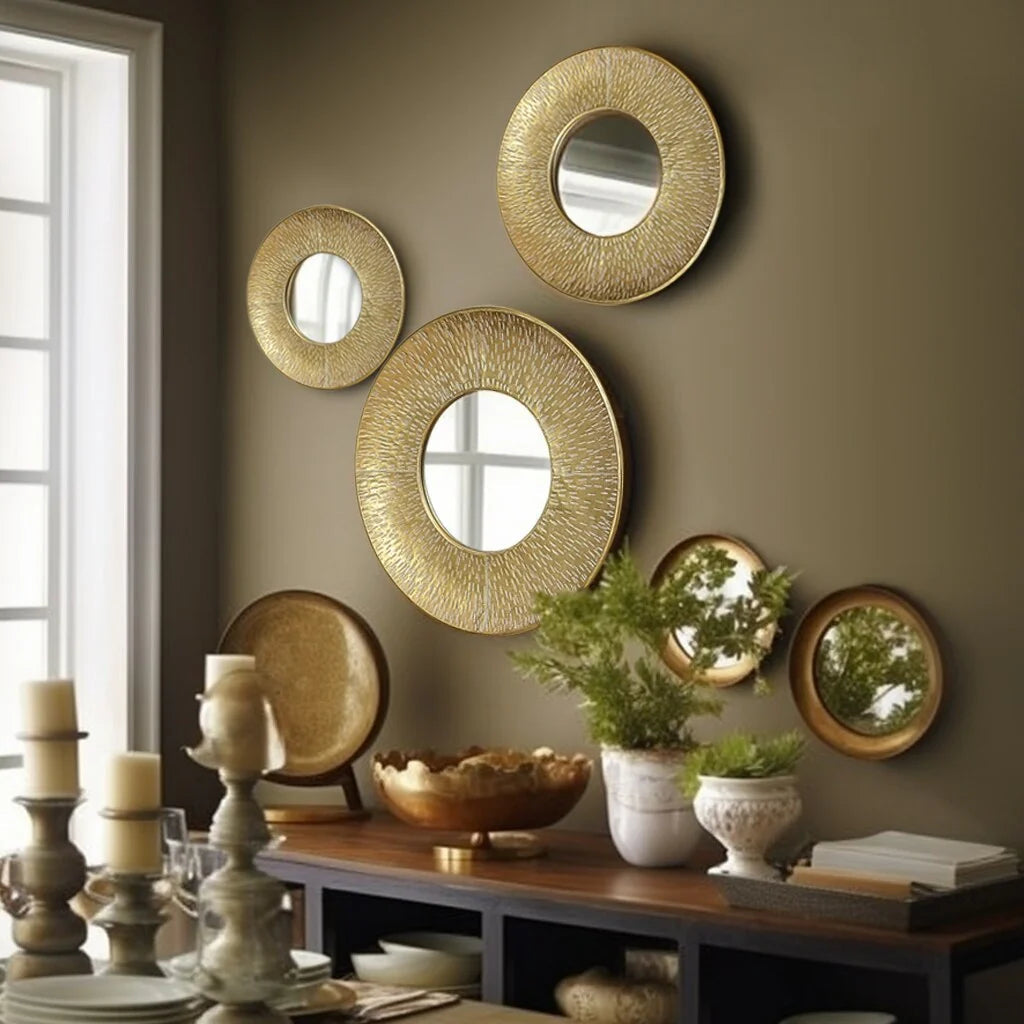 3-Piece Gold Metal Round Wall Mirror Set - 22.25" x 2.36", 19.7" x 2.25", 15.4" x 2.25"