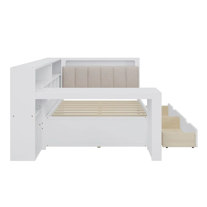 Ivery Furniture L-Shaped Wooden Twin/Full Daybed With Desk, Bookcase, Drawers And RGB Light - Natural/White