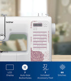 Brother Computerized Sewing Machine, Light Mauve Floral, 60 Built-In Stitches - CP2160M