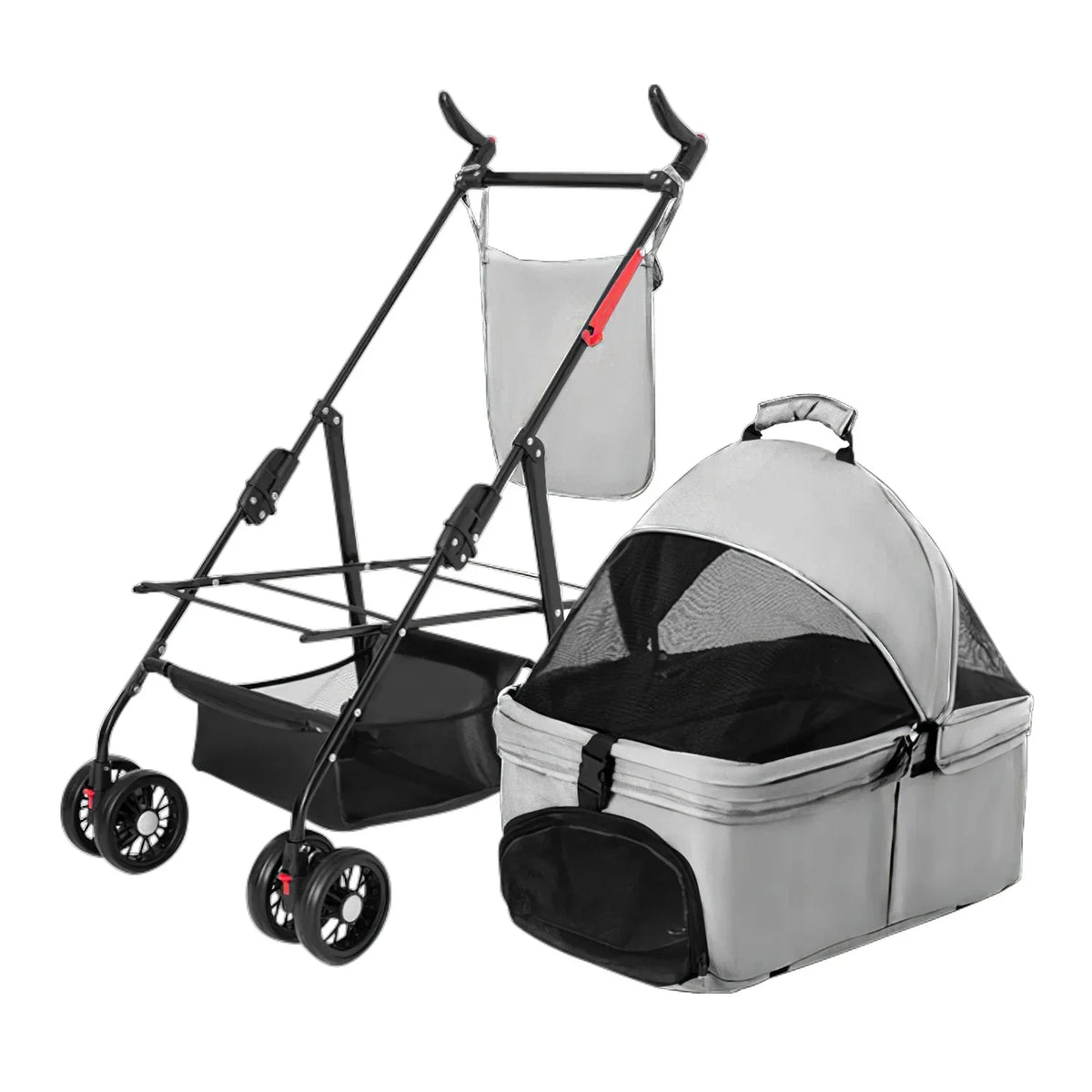 iMounTEK 4-Wheel Foldable Pet Stroller With Removable Liner And Storage Basket - Gray