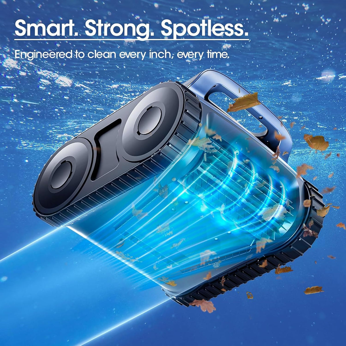 Cordless Robotic Pool Vacuum Cleaner With Track Drive, Sonar Navigation, 180W Brushless Motor, 150-Min Runtime, Dark Blue