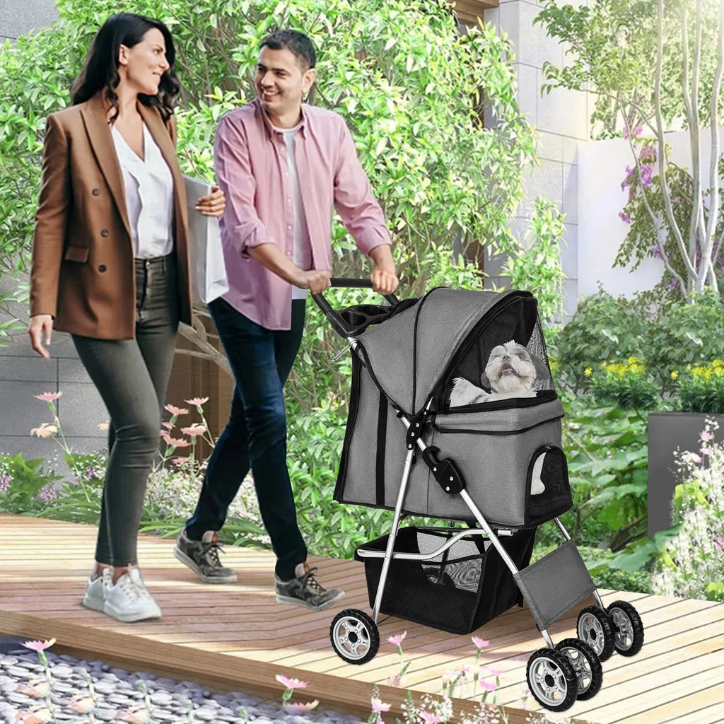 NiamVelo 4-Wheel Foldable Pet Stroller With Cup Holders And Storage Basket - 30 LBS Capacity