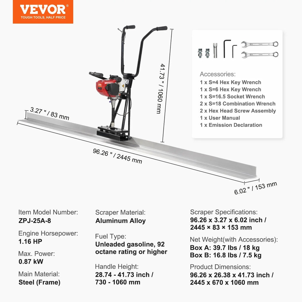 VEVOR Gas Concrete Power Screed With 8ft Aluminum Board - ZPJ-25A-8