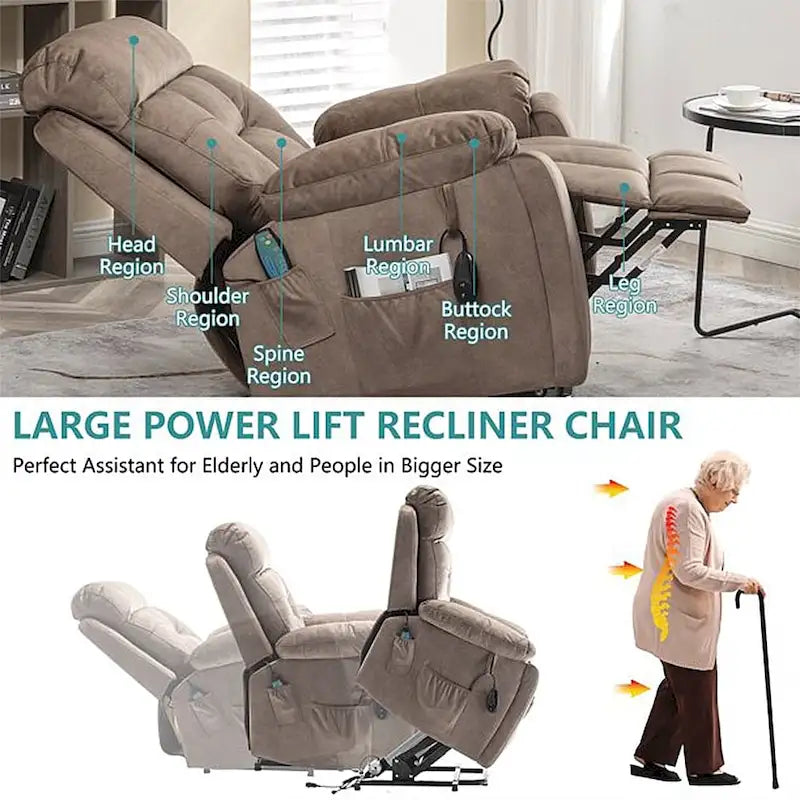 Large Electric Power Lift Recliner With Heat, Massage, Hidden Cup Holder - 40.94W x 38.19D x 42.52H