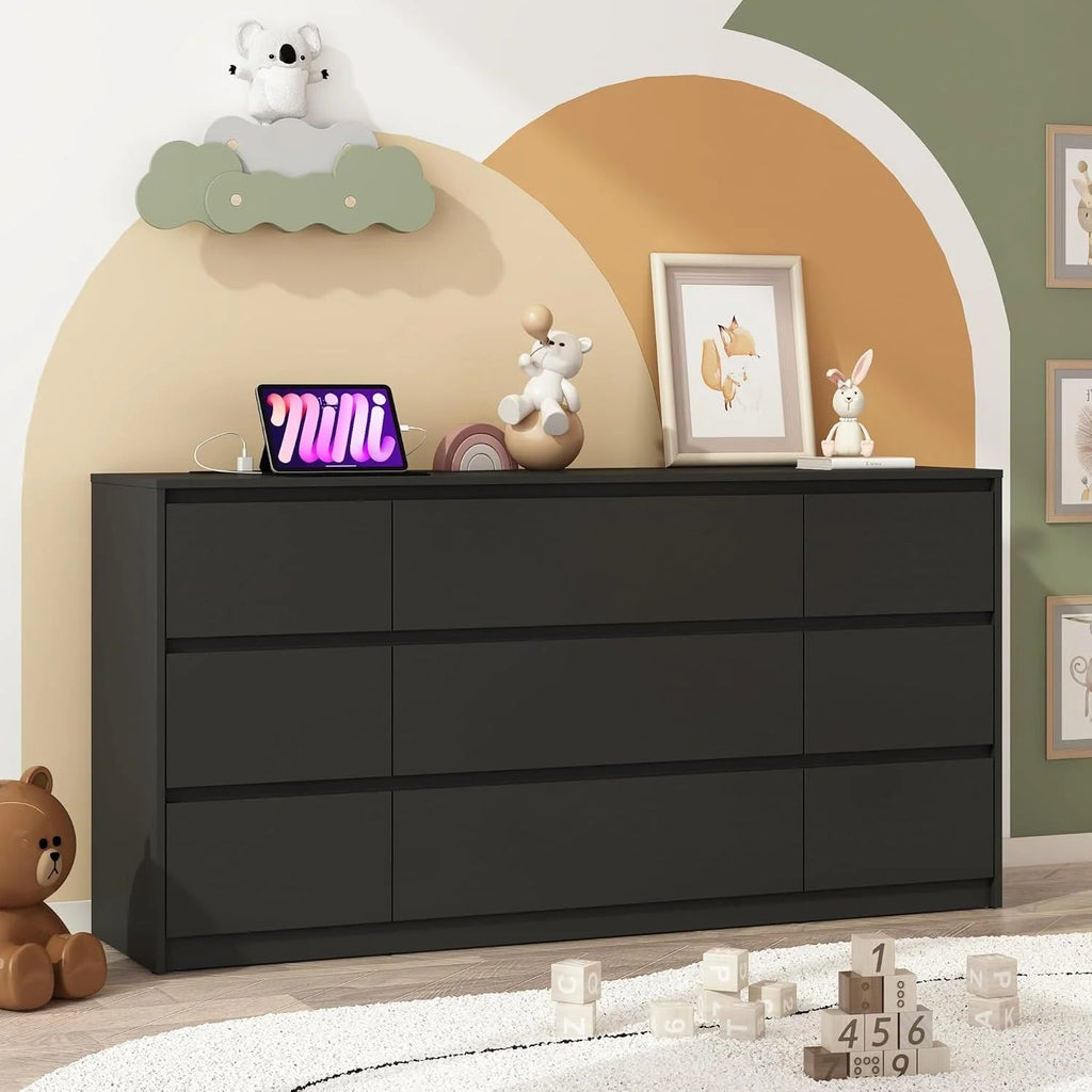 ChVans 9-Drawer Dresser With Charging Station, Black, 63in x 15.7in x 31.5in
