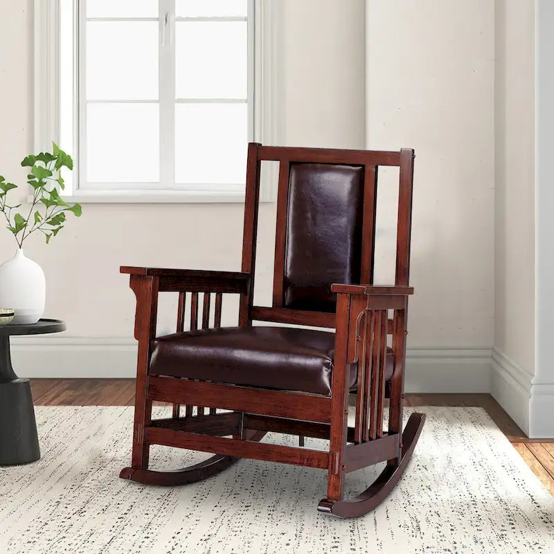 Mission Style Rocking Chair With Leather Upholstered Seat And Back - Tobacco And Dark Brown