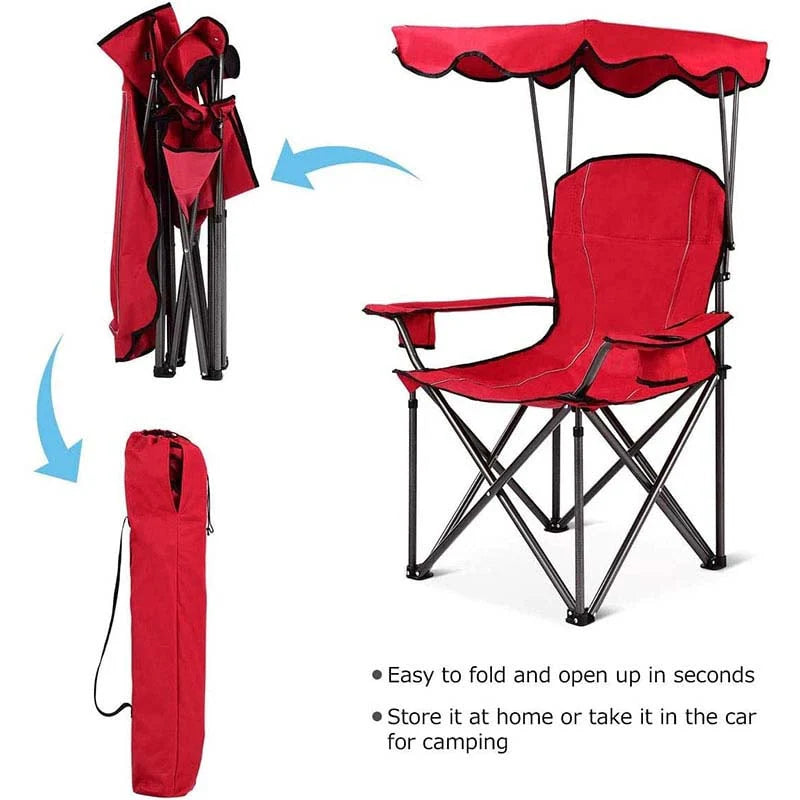 Outdoor Canopy Folding Beach Chair With 2 Cup Holders, 600D PVC Fabric - 38in x 26.5in x 51in