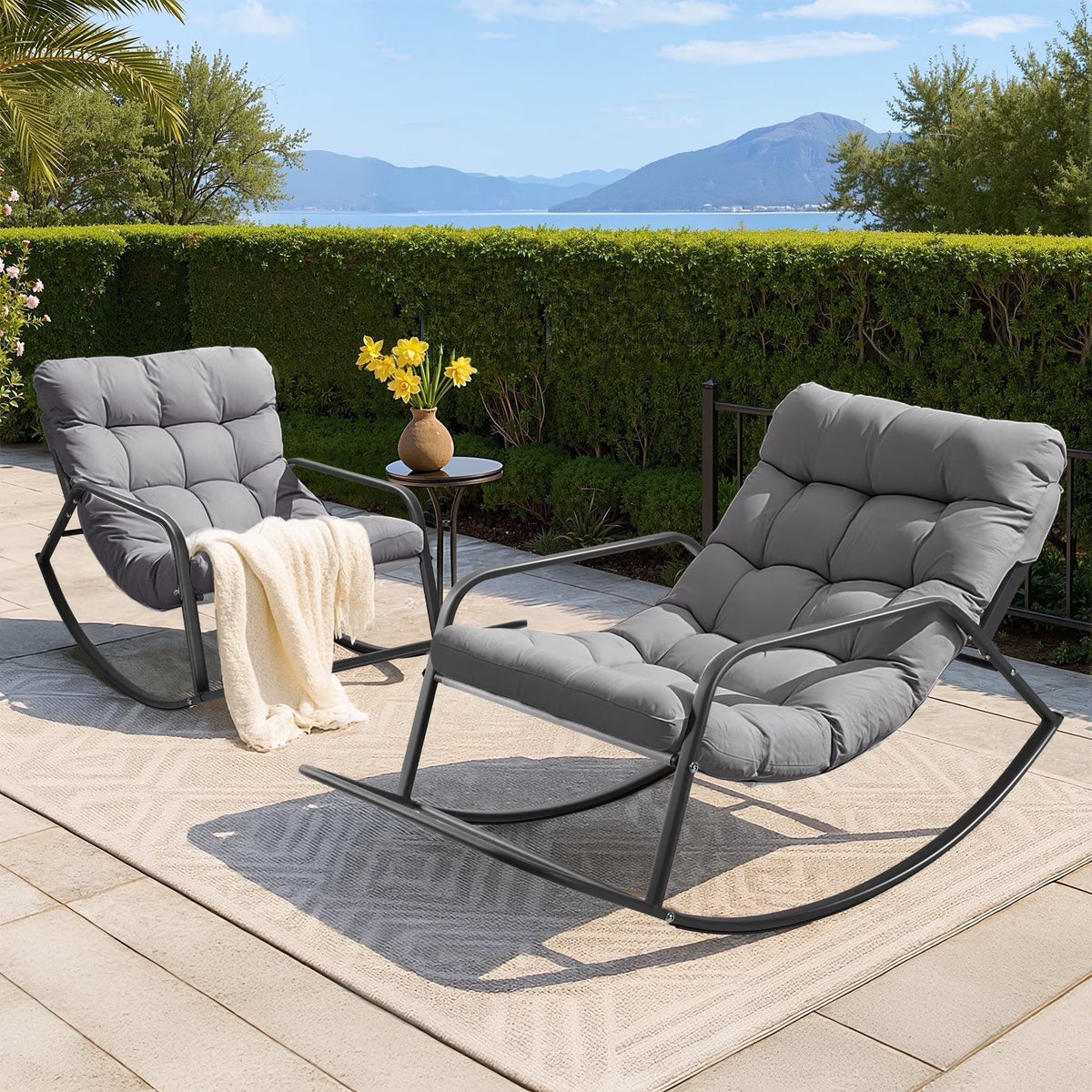 RADIATA Oversized Wicker Papasan Rocking Recliner With Footrest, 450 lbs, Beige