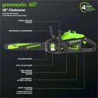 Greenworks 40V 16 inch Brushless Cordless Chainsaw With 4.0Ah Battery And Charger