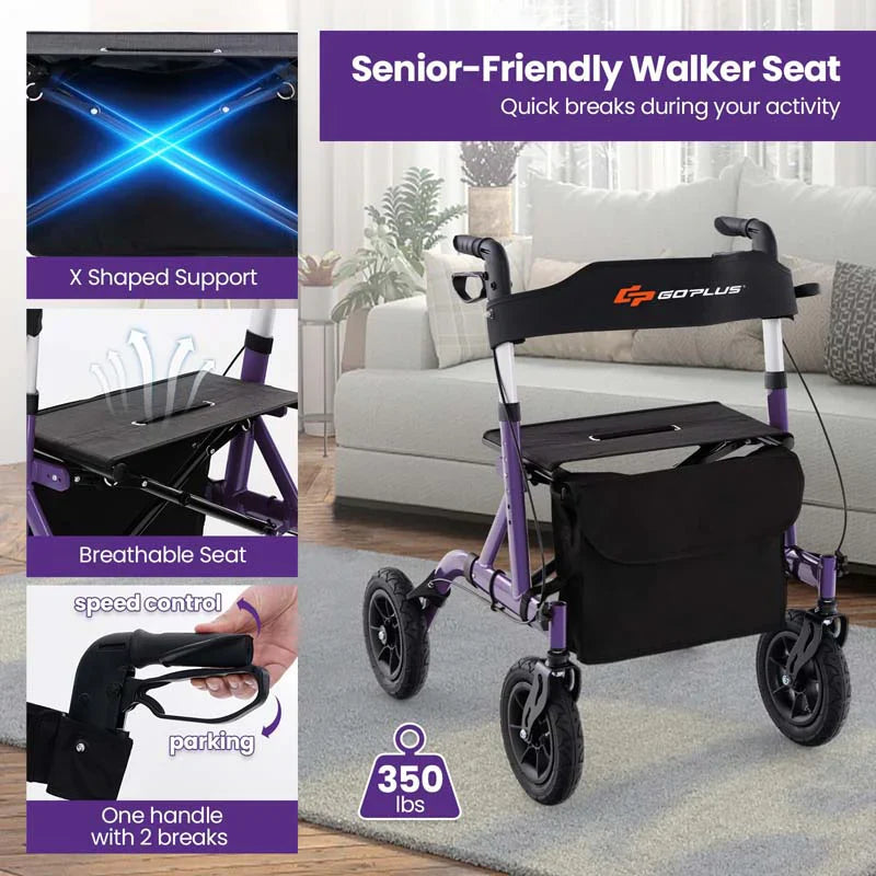 Foldable Rolling Rollator Walker With Seat, 9.5 Inch Pneumatic Wheels