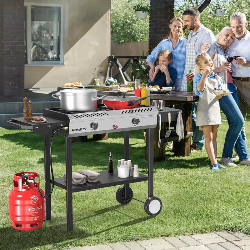 Dual-Burner Propane Outdoor Stove, 16.5 x 54.3 x 38 Inches, 150,000 BTU Griddle Cooker With Side Shelves - Auto-Ignition