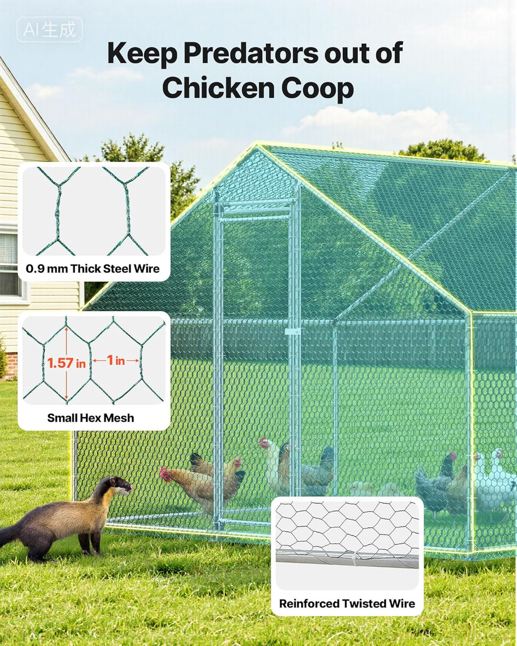 VEVOR Walk-In Metal Chicken Coop With Cover, 19.7 x 9.8 x 6.5 ft, Spire Roof And Security Lock