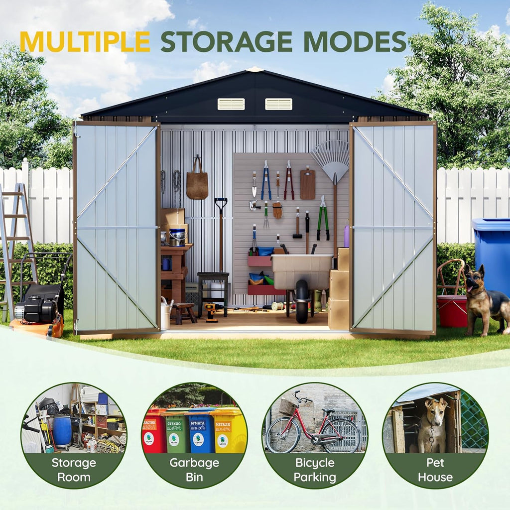 Breezz Outdoor Metal Storage Shed 10 x 12ft Brown - Lockable Doors And Windows