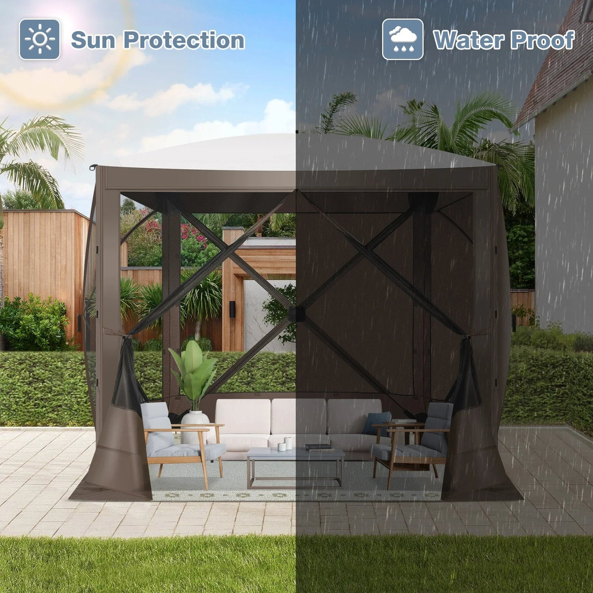 Hoteel Outdoor Pop-Up Gazebo Screen House 6x6ft With 4 Sidewalls And Mosquito Netting - Brown