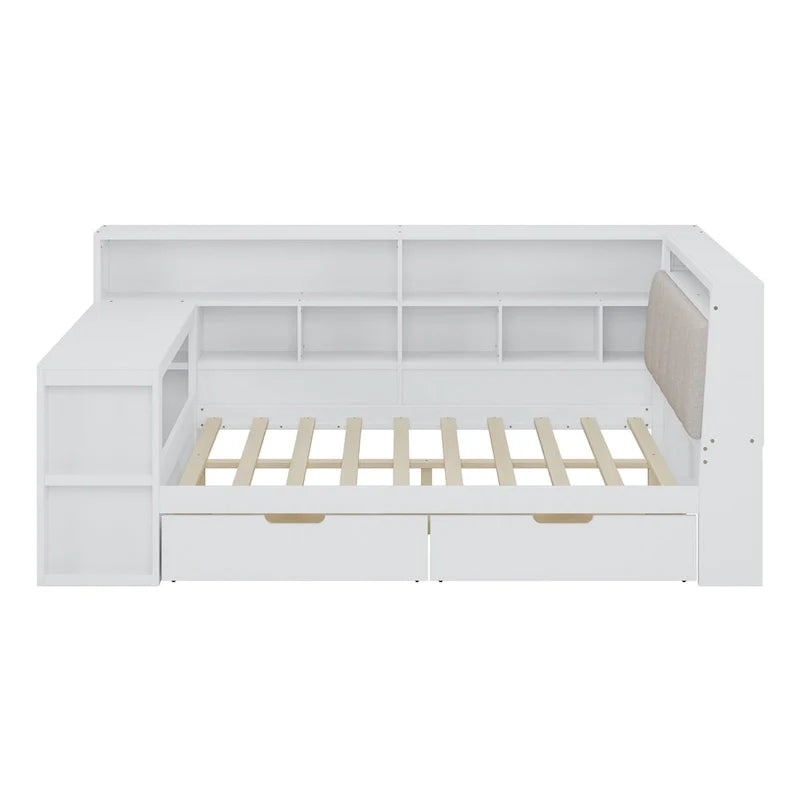 Ivery Furniture L-Shaped Wooden Twin/Full Daybed With Desk, Bookcase, Drawers And RGB Light - Natural/White