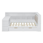 Ivery Furniture L-Shaped Wooden Twin/Full Daybed With Desk, Bookcase, Drawers And RGB Light - Natural/White