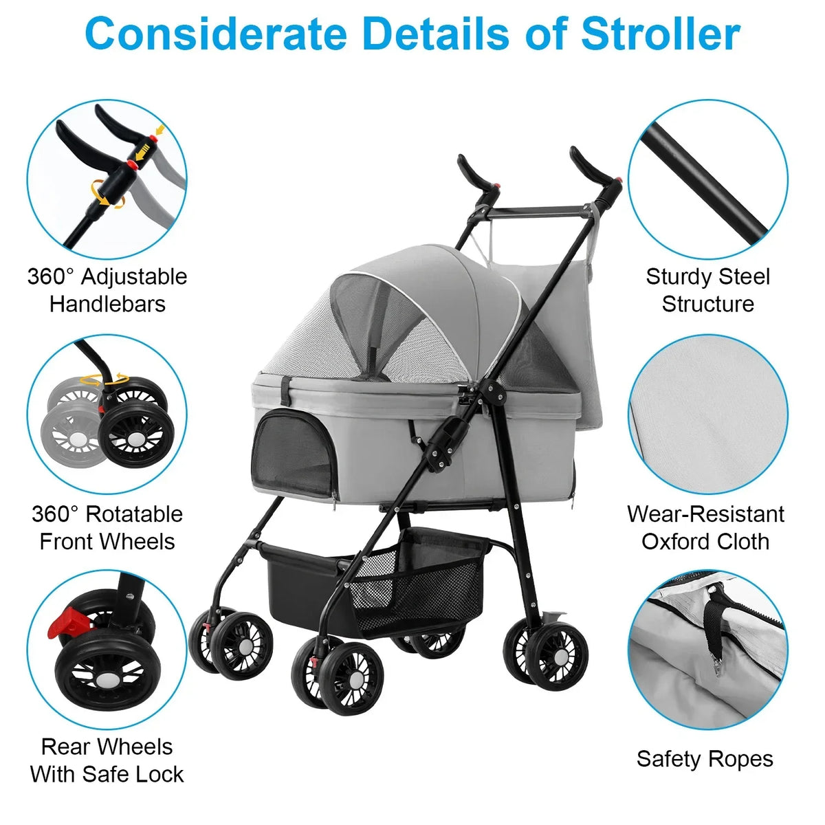 iMounTEK 4-Wheel Foldable Pet Stroller With Removable Liner And Storage Basket - Gray