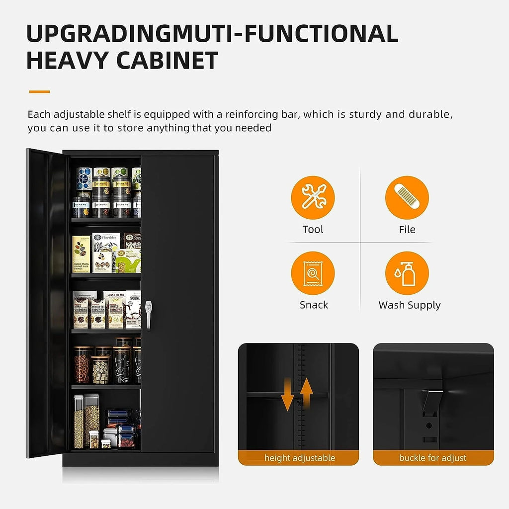 Metal Storage Garage Cabinet With Locking Doors, Adjustable Shelves, 72 Inch Tall - Black