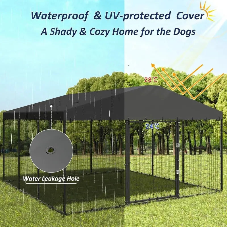 Kullavik Extra-Large Outdoor Dog Kennel, 118 in x 118 in, Heavy-Duty Metal/Steel Enclosure With Waterproof Roof - Black