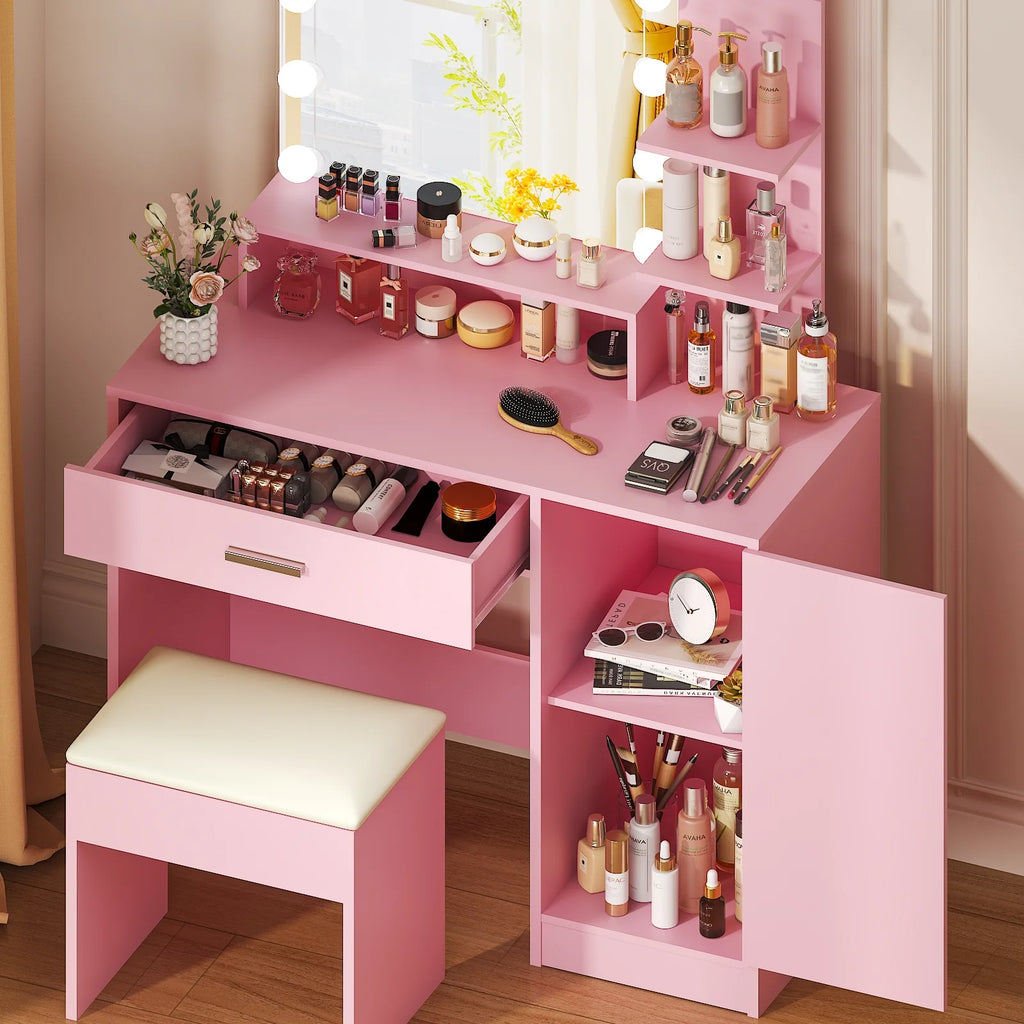 Ktaxon Vanity Makeup Table With Stool, 3-Color Lighted Mirror, 3 Shelves, Drawers, White - 35.43 x 15.55 x 29.53-53.27 in