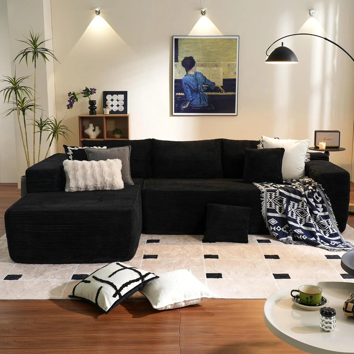 ovios 104in L-Shape Sectional Sofa With Chaise, Grey Plush Corduroy Fabric
