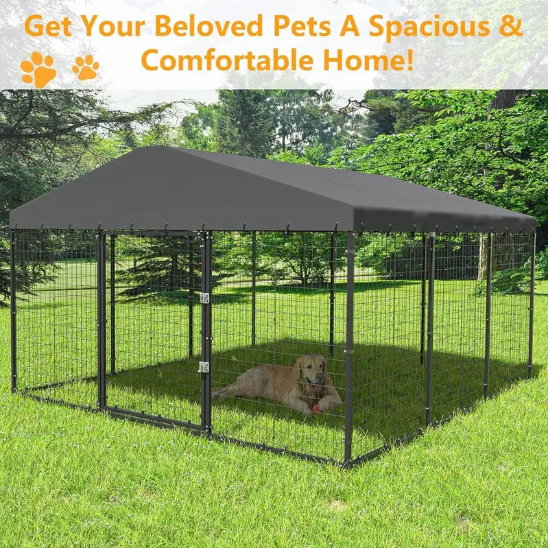 Kullavik Extra-Large Outdoor Dog Kennel, 118 in x 118 in, Heavy-Duty Metal/Steel Enclosure With Waterproof Roof - Black