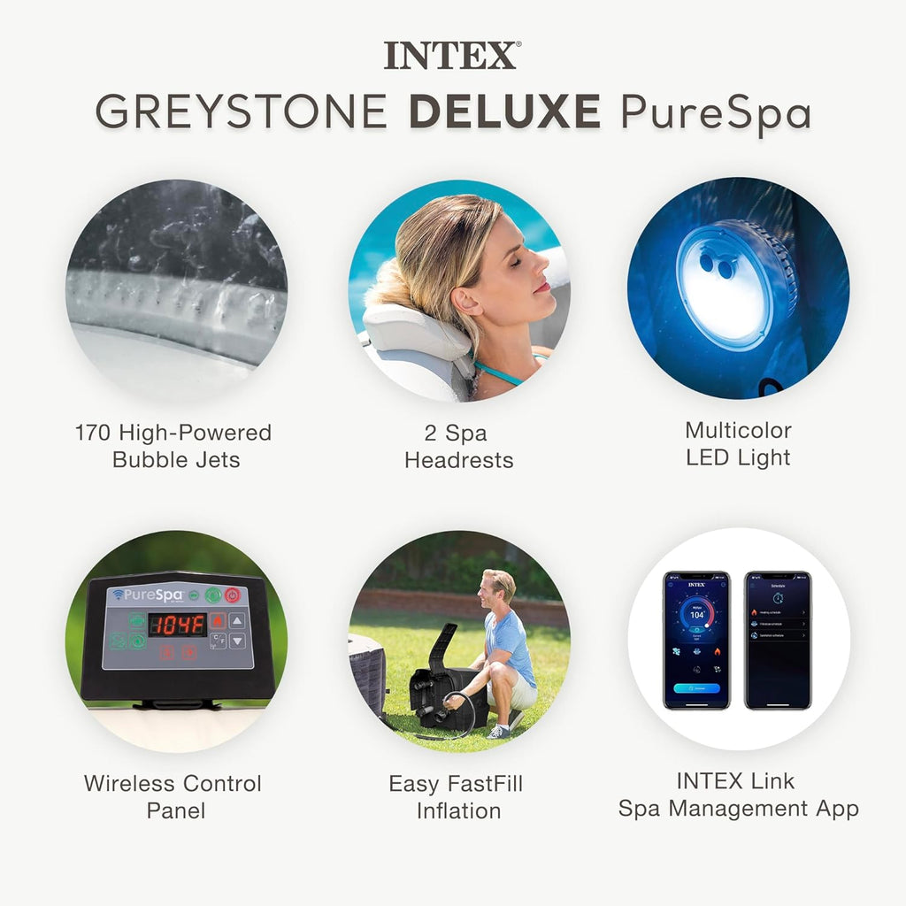 INTEX PureSpa Greystone Deluxe Spa Set, 6 Person, 77 x 77 x 28 in - 28451EP