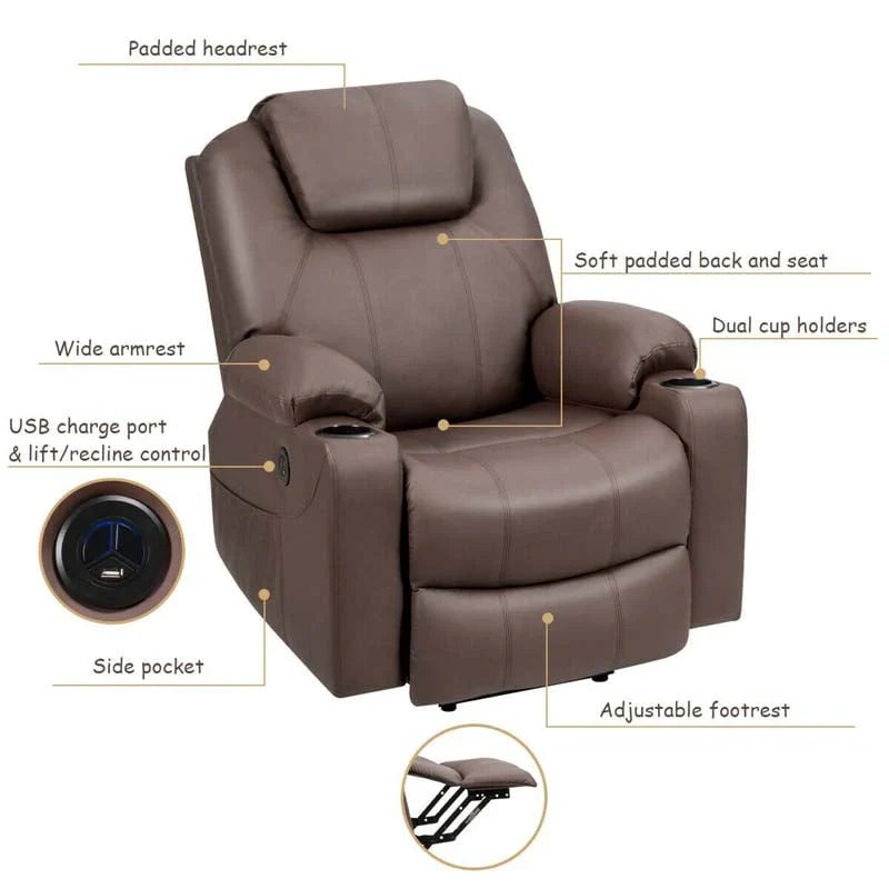 Electric Power Lift Recliner Chair With Leather Massage, Lumbar Heating, 8 Vibrating Nodes, Cup Holders And USB Port