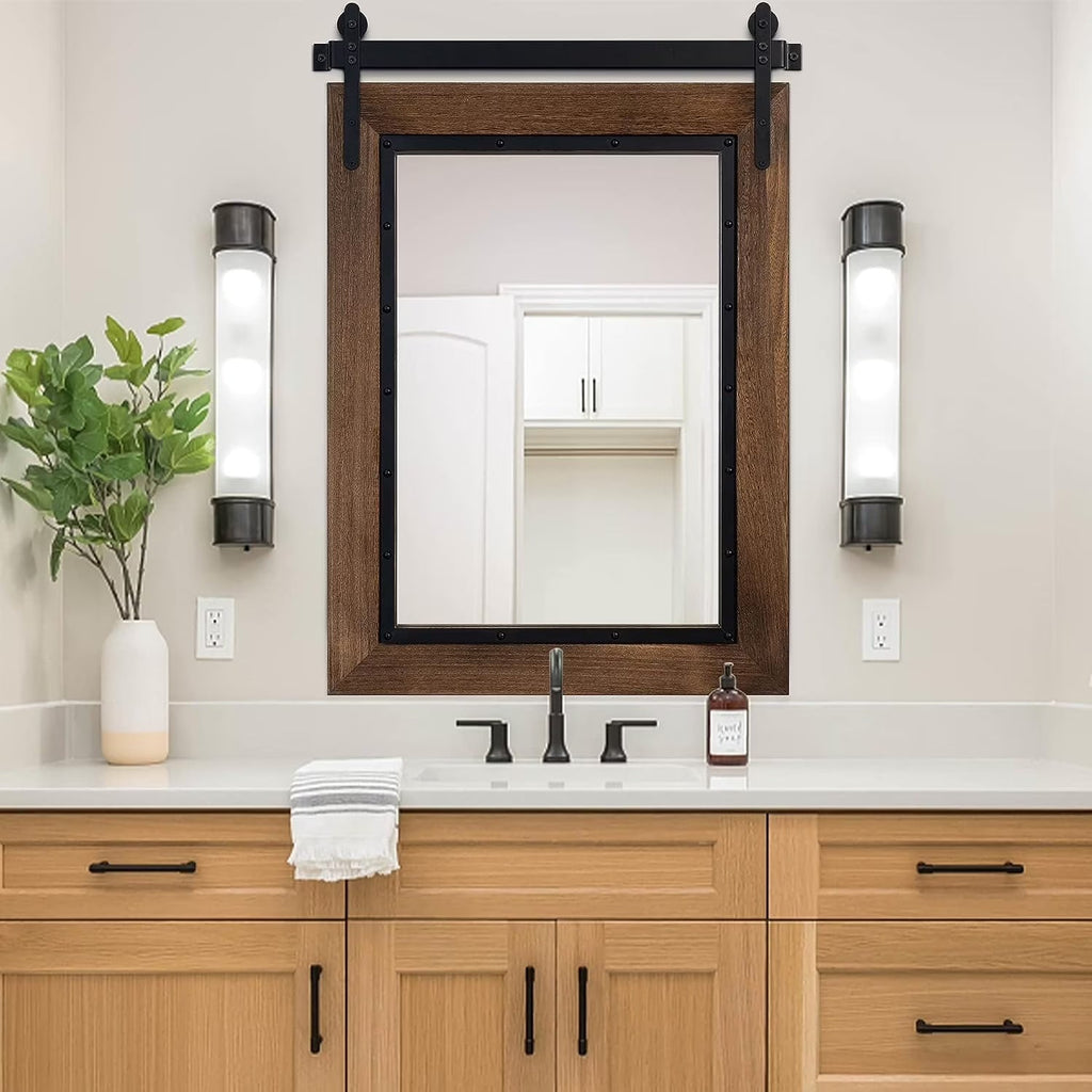 COSMOGO Farmhouse Barn Door Style Natural Wood Bathroom Vanity Wall Mirror 24 x 32 in