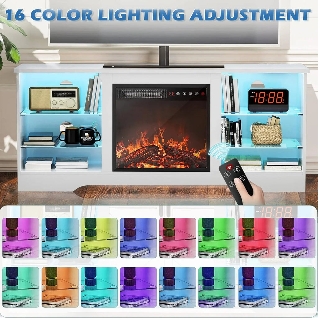 Waleaf TV Stand With 18 in Electric Fireplace And Adjustable Glass Shelves - TVs Up To 65 inch