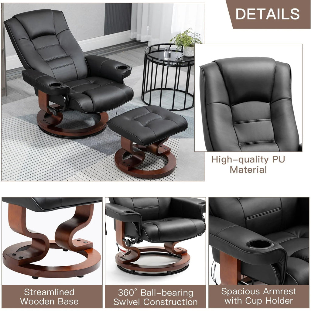 AVAWING Faux Leather Swivel Massage Recliner Chair With Ottoman - Black
