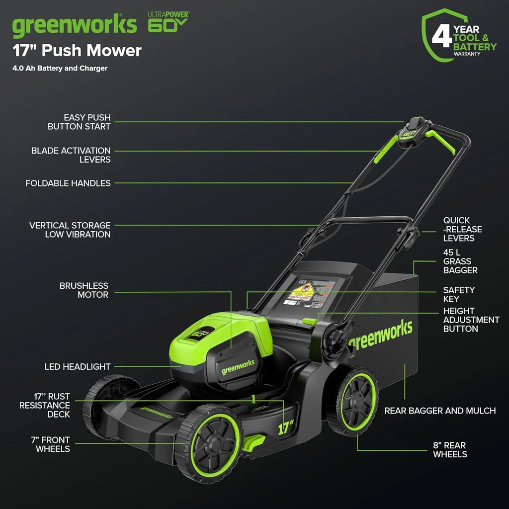 Greenworks 60V 17 inch Brushless Push Lawn Mower And 13 inch String Trimmer Combo With 4.0Ah Battery And 3A Charger
