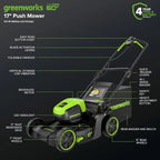 Greenworks 60V 17 inch Brushless Push Lawn Mower And 13 inch String Trimmer Combo With 4.0Ah Battery And 3A Charger