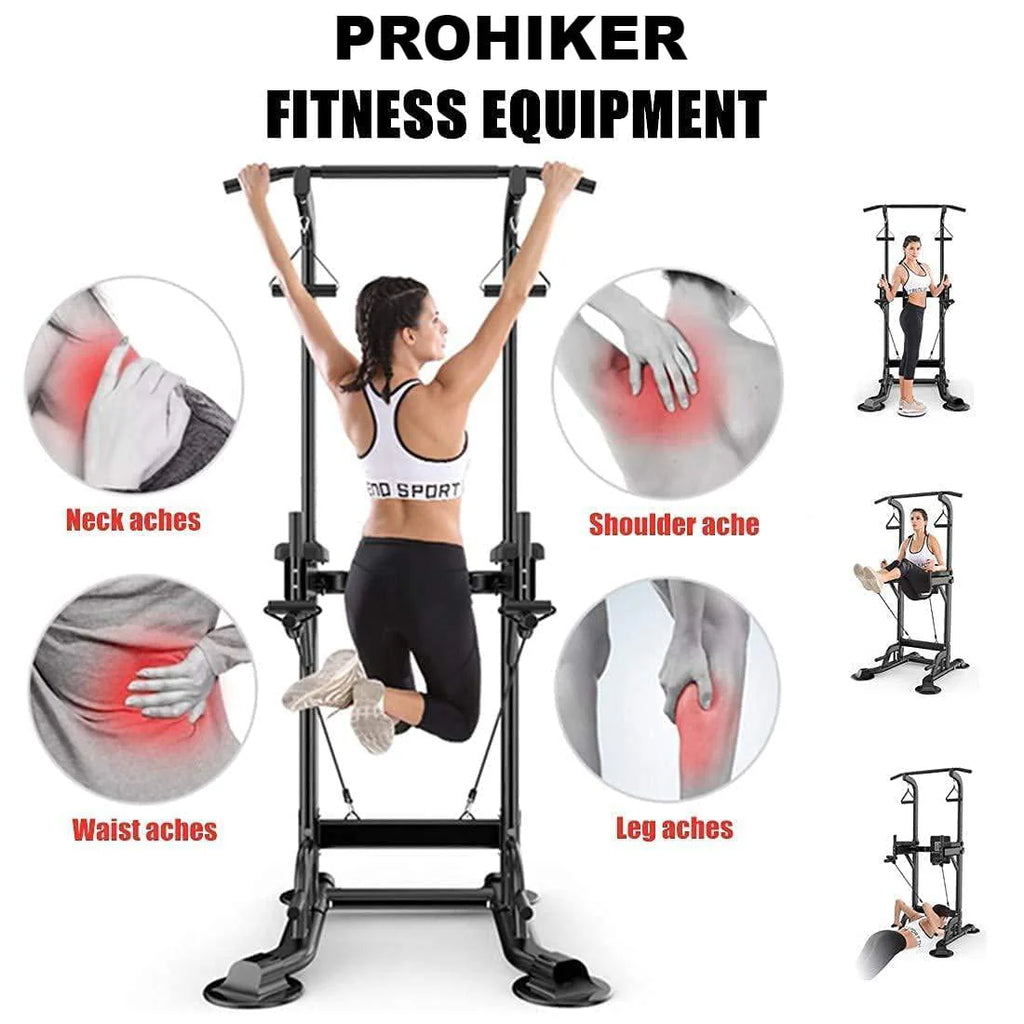 PROHIKER Power Tower Dip Station With Backrest And Resistance Band, Black