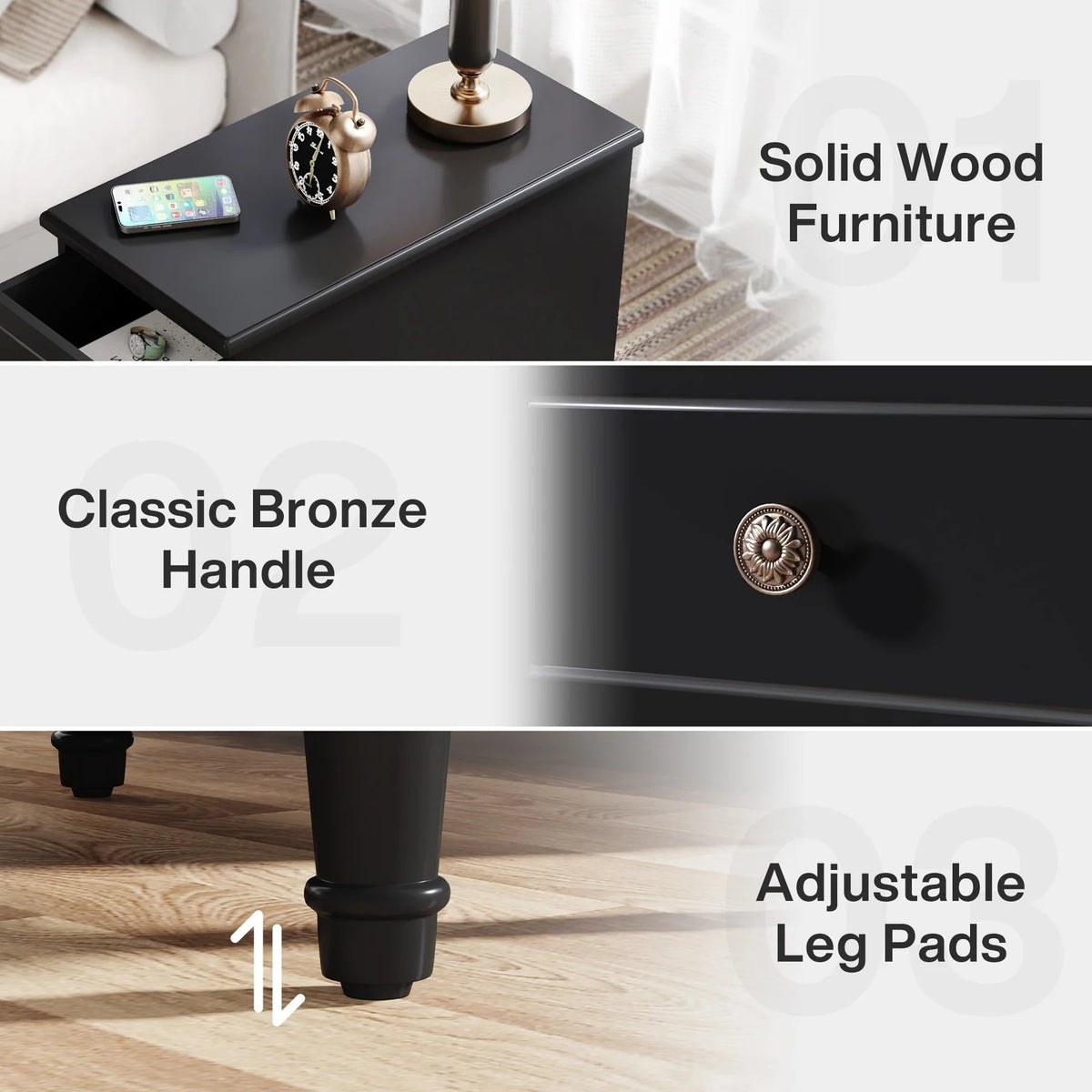Solid Wood Narrow End Table With 3 Drawers - Fully Assembled
