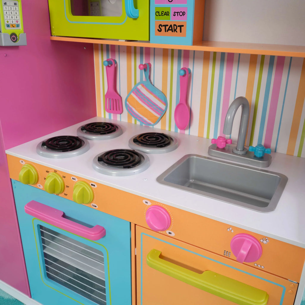KidKraft Deluxe Big And Bright Wooden Play Kitchen For Kids - Neon Colors