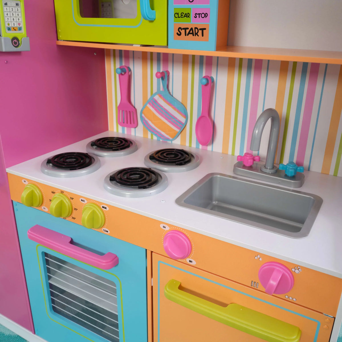 KidKraft Deluxe Big And Bright Wooden Play Kitchen For Kids - Neon Colors