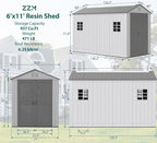 ZZM Outdoor Resin Storage Shed 6x11 Ft With Floor And Windows, Gray