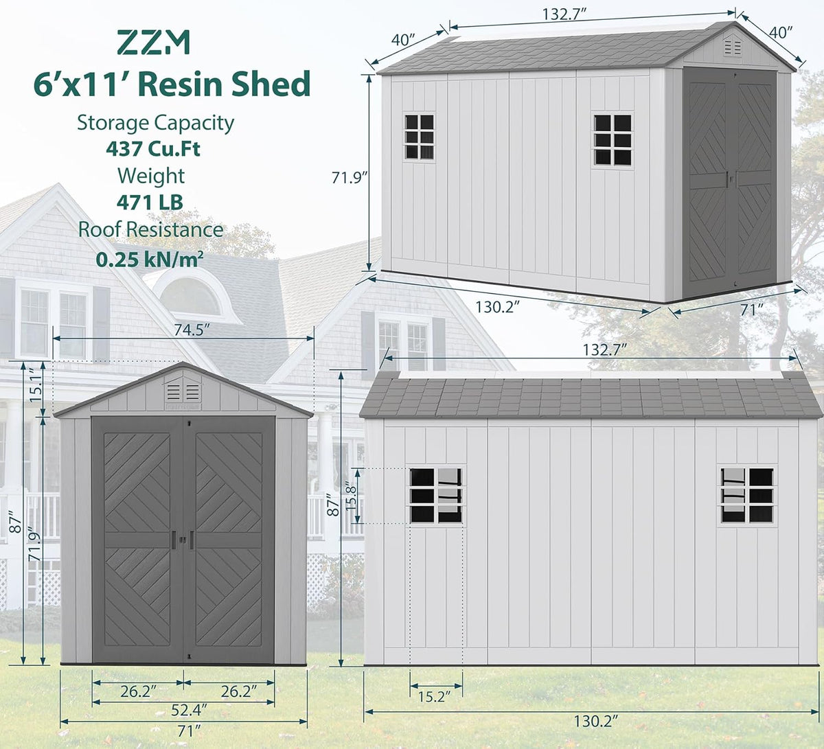 ZZM Outdoor Resin Storage Shed 6x11 Ft With Floor And Windows, Gray