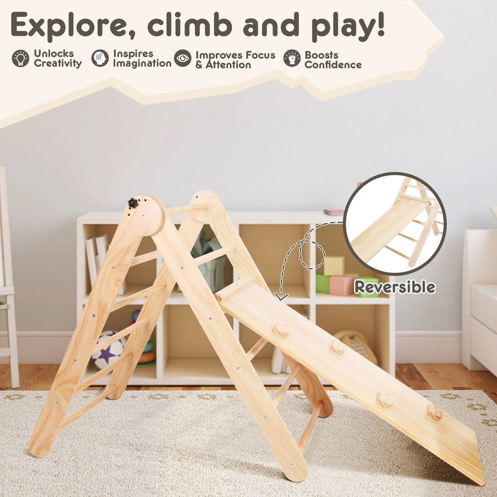HARPPA Foldable 2-in-1 Wooden Pikler Triangle Climbing Arch With Ramp And Slide - Five Adjustable Angles