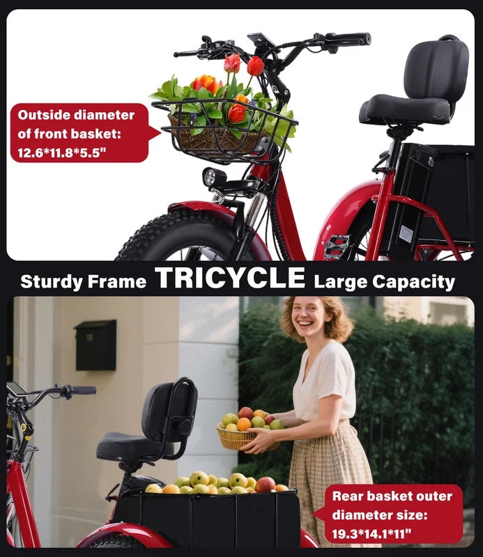 YEBEI Folding Electric Tricycle for Adults, 500W Motor, 48V15AH Lithium Battery, 20 x 4.0 in Fat Tires