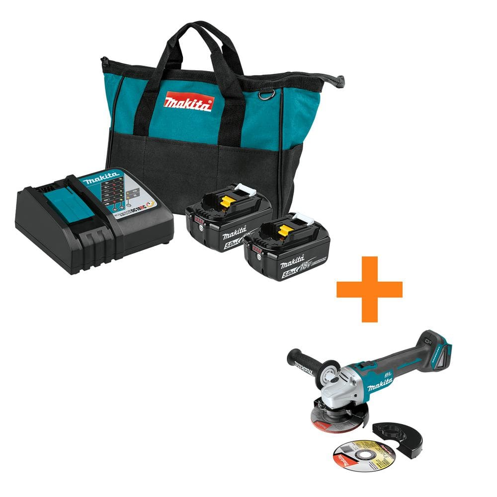 Makita 18V LXT 5.0Ah Battery And Rapid Optimum Charger Starter Pack With XAG04Z Brushless Angle Grinder - BL1850BDC2XAG04