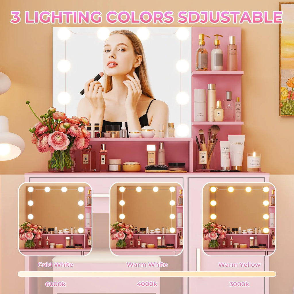 Ktaxon Vanity Makeup Table With Stool, 3-Color Lighted Mirror, 3 Shelves, Drawers, White - 35.43 x 15.55 x 29.53-53.27 in