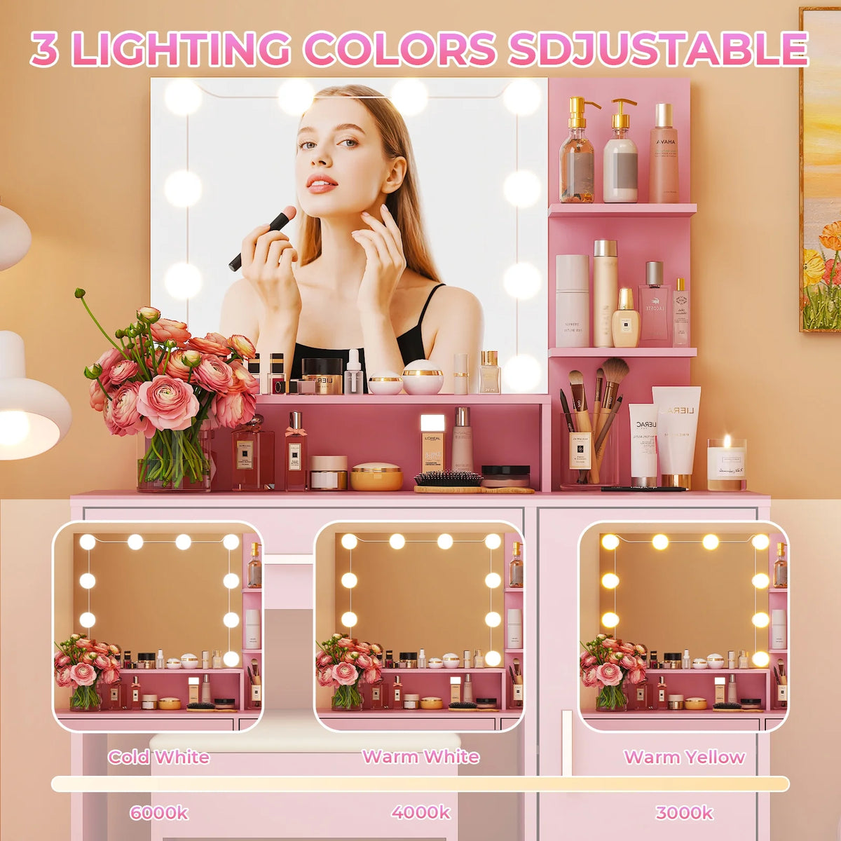 Ktaxon Vanity Makeup Table With Stool, 3-Color Lighted Mirror, 3 Shelves, Drawers, White - 35.43 x 15.55 x 29.53-53.27 in