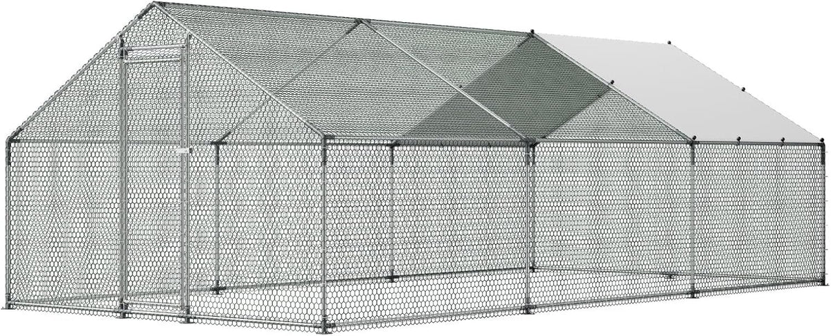 VEVOR Walk-In Metal Chicken Coop With Cover, 19.7 x 9.8 x 6.5 ft, Spire Roof And Security Lock