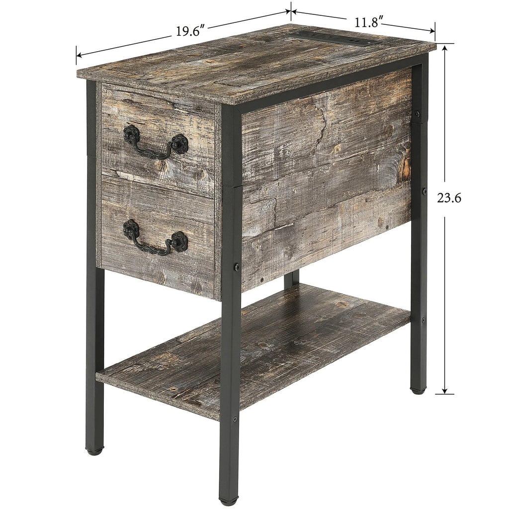 Narrow End Table With Charging Station, 2 Drawers, 19.6 in L x 11.8 in W x 23.6 in H, Gray/Black - 1-pcs / 2-pcs