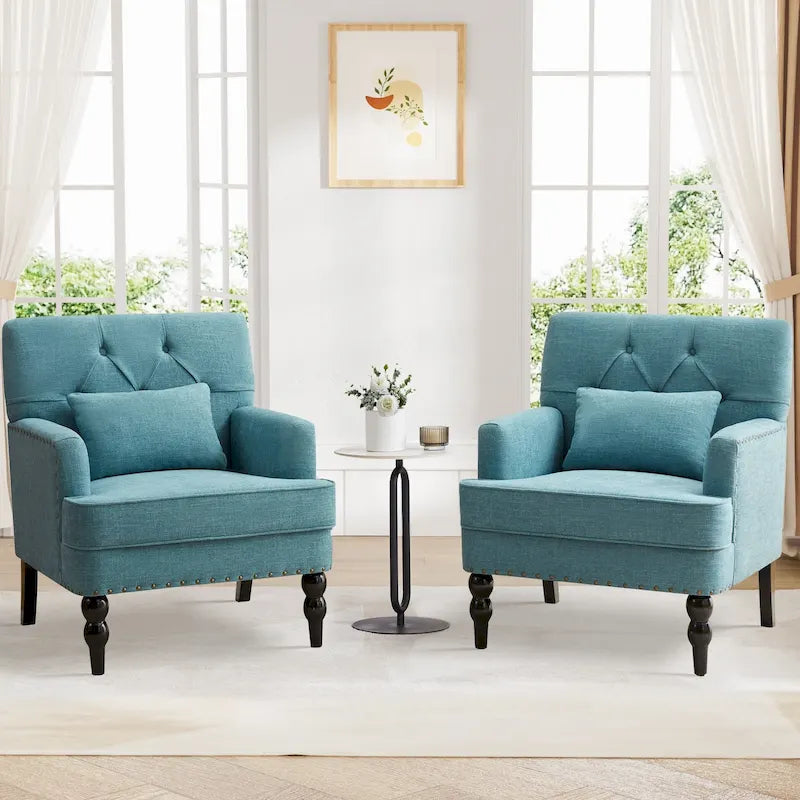 Set Of 2 Upholstered Button-Tufted Accent Chairs With Lumbar Pillows - 30 x 29 x 35 inches